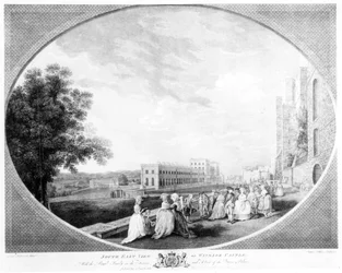 Zuidoostelijke aanblik van Windsor Castle, met de koninklijke familie op het terras en een uitzicht op het Queen